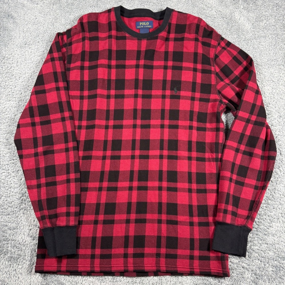 Polo Ralph Lauren Thermal Shirt Mens Large Waffle Knit Multicolor PLaid Stretc‎